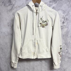 Vintage Y2K Roxy Hoodie Sweatshirt Womens Medium 16.5x20.5 White Full Zip Surf